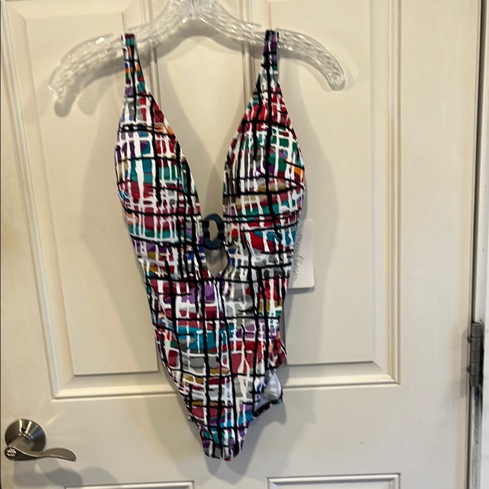 Red and Pink One Piece Swimsuit with Geometric Design